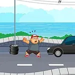 Un personaje con una gorra roja levantando los brazos sorprendido frente a un automóvil negro en una carretera junto al mar