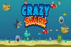 Título grande Crazy Shark sobre un fondo submarino con tiburones, peces de colores, submarinos, y elementos marinos diversos