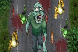 Un zombi verde en una carretera con sangre y cuerpos esparcidos, rodeado de árboles