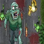 Un zombi verde en una carretera con sangre y cuerpos esparcidos, rodeado de árboles