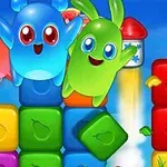 Criaturas coloridas y bloques de colores brillantes con ilustraciones de frutas sobre un fondo azul