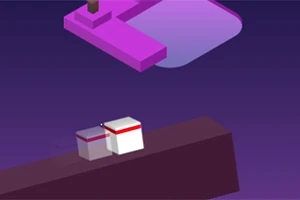 Cubos blancos y rojos sobre una plataforma angular con fondo morado oscuro