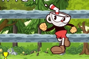 Personaje con cabeza de taza avanzando en un entorno de bosque verde con árboles y un diseño de dibujos animados