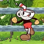 Personaje con cabeza de taza avanzando en un entorno de bosque verde con árboles y un diseño de dibujos animados