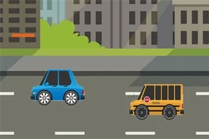 Caricatura de dos autos, uno azul y otro amarillo, circulando por una carretera frente a edificios