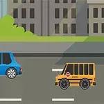 Caricatura de dos autos, uno azul y otro amarillo, circulando por una carretera frente a edificios