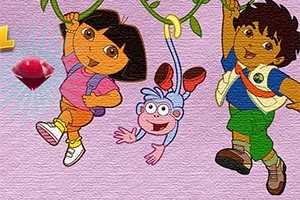 Personajes animados columpiándose en lianas junto a un mono sonriente y un rubí brillante sobre un fondo color lila