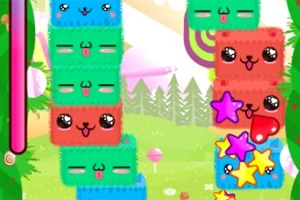 Cubos de colores con caras felices y estrellas brillantes en un fondo de paisaje colorido y alegre