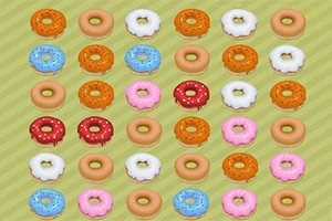 Diferentes donas de colores y decoraciones variadas dispuestas en una cuadrícula sobre un fondo verde con líneas diagonales
