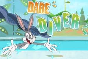 Un conejo animado saliendo de una piscina con letras grandes que dicen Dare Diver en el fondo