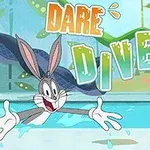 Un conejo animado saliendo de una piscina con letras grandes que dicen Dare Diver en el fondo