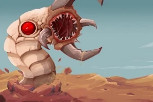 Criatura gigante y monstruosa con cuerpo segmentado y boca llena de colmillos emergiendo del suelo desértico