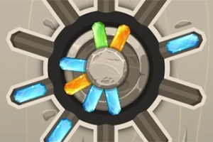 Un mecanismo circular con cristales de colores azul, verde y naranja incrustados