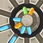 Un mecanismo circular con cristales de colores azul, verde y naranja incrustados