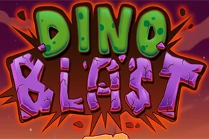 Texto Dino Blast en letras de colores verdes y moradas con un fondo naranja y efectos de explosión