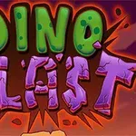 Texto Dino Blast en letras de colores verdes y moradas con un fondo naranja y efectos de explosión