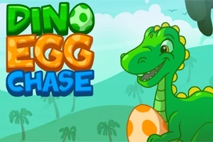 Dinosaurio verde sonriente con un huevo anaranjado sobre un fondo de paisaje prehistórico