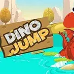 Dibujo de un dinosaurio rojo con ojos grandes en un charco azul rodeado de hojas verdes, junto a un letrero de madera