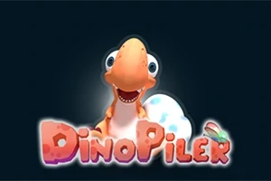 Un dinosaurio naranja sonriente frente a un huevo blanco con manchas azules, junto al texto colorido DinoPiler