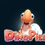 Un dinosaurio naranja sonriente frente a un huevo blanco con manchas azules, junto al texto colorido DinoPiler