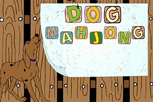 Perro dibujado mirando una pizarra con letras coloridas formando las palabras Dog Mahjong sobre un fondo de madera