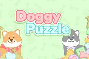 Dos perros caricaturescos rodeados de huesos y galletas con el texto Doggy Puzzle en letras coloridas