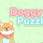 Dos perros caricaturescos rodeados de huesos y galletas con el texto Doggy Puzzle en letras coloridas
