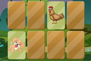 Ilustración de una serie de cartas con imágenes de una gallina y un perrito, algunas volteadas sobre un fondo de paisaje