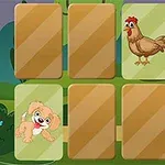Ilustración de una serie de cartas con imágenes de una gallina y un perrito, algunas volteadas sobre un fondo de paisaje