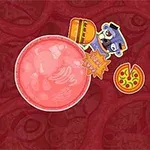 Fondo rojo con elementos gráficos coloridos como una burbuja rosa y alimentos como pizza, hamburguesa y dona