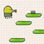 Criatura amarilla con patas negras saltando sobre plataformas verdes en un fondo cuadriculado