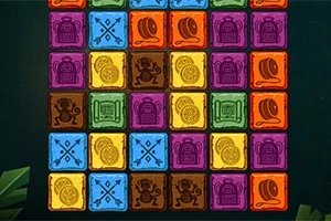 Coloridos bloques con patrones de tambor, mochila, ídolo y monedas dispuestos en una cuadrícula sobre un fondo oscuro
