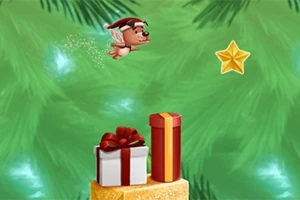 Un perrito volando con un gorro navideño, una estrella dorada y regalos envueltos sobre un fondo verde festivo