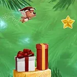Un perrito volando con un gorro navideño, una estrella dorada y regalos envueltos sobre un fondo verde festivo
