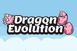 Texto Dragon Evolution en letras grandes rodeado de ilustraciones de un dragón rosado bebé y huevos rosados sobre un fondo azul con nubes