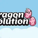 Texto Dragon Evolution en letras grandes rodeado de ilustraciones de un dragón rosado bebé y huevos rosados sobre un fondo azul con nubes