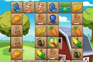 Iconos de animales, insectos, alimentos y objetos organizados en una cuadrícula frente a un fondo de granja con árboles y un granero