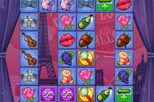 Conjunto de iconos coloridos con fondo de París, incluyendo rosas, ositos de peluche, labios, y la Torre Eiffel