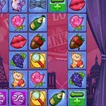 Conjunto de iconos coloridos con fondo de París, incluyendo rosas, ositos de peluche, labios, y la Torre Eiffel