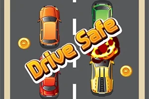 Coches coloridos en una carretera, uno explotando, con monedas y el texto Drive Safe