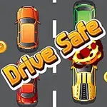 Coches coloridos en una carretera, uno explotando, con monedas y el texto Drive Safe