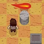 Persona con el cabello largo caminando por un suelo cuadriculado de tonos marrones y amarillos, con una roca y una bola de fuego en el camino