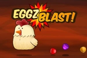 Gallina caricaturesca con expresión alegre junto al texto Eggz Blast!