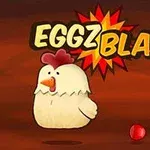 Gallina caricaturesca con expresión alegre junto al texto Eggz Blast!
