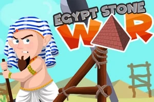 Guerrero egipcio con ropa tradicional y una honda grande, con un fondo de desierto y el texto “Egypt Stone War”