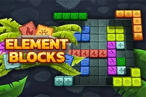 Letrero de Element Blocks sobre un fondo de bloques de colores con diseños elementales y hojas de plantas