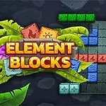 Letrero de Element Blocks sobre un fondo de bloques de colores con diseños elementales y hojas de plantas