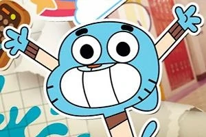 Personaje animado azul con orejas de gato y expresión alegre levantando los brazos en un entorno colorido