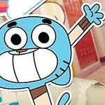Personaje animado azul con orejas de gato y expresión alegre levantando los brazos en un entorno colorido