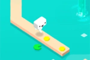 Personaje cúbico blanco sobre un camino estrecho recogiendo monedas doradas en un fondo de agua azul